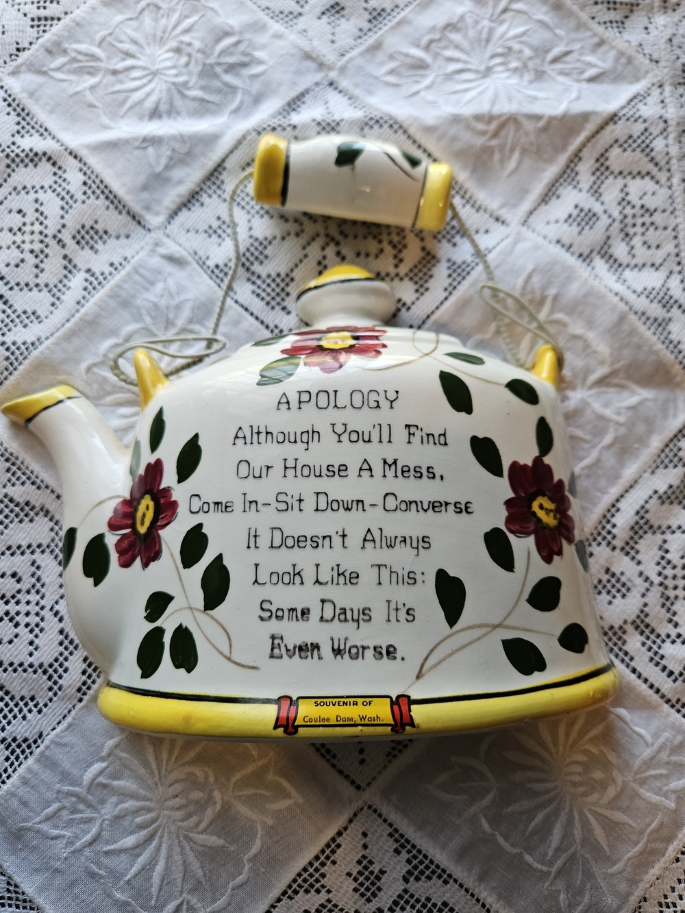 1950s Norcrest Teapot Wallpocket Decor - White & Yellow, Floral